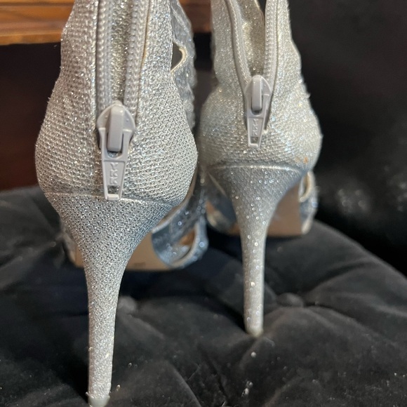Silver High Heel Open-Toe Shoes with Intricate Straps - Picture 5 of 9